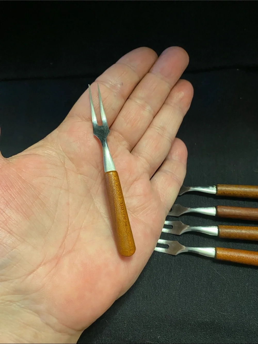 Vintage Set of 5 Cocktail / Cheese / Appetizer Fork stainless steel & wood Japan